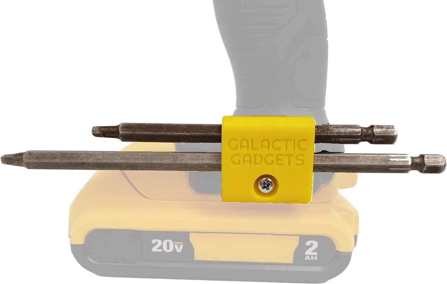 Side Mount MAGNETIC Bit Holder for Dewalt 20V or Craftsman V20 Drill or Driver - 2 Slot Pass Thru (Yellow) - Galactic Gadgets - Image 2
