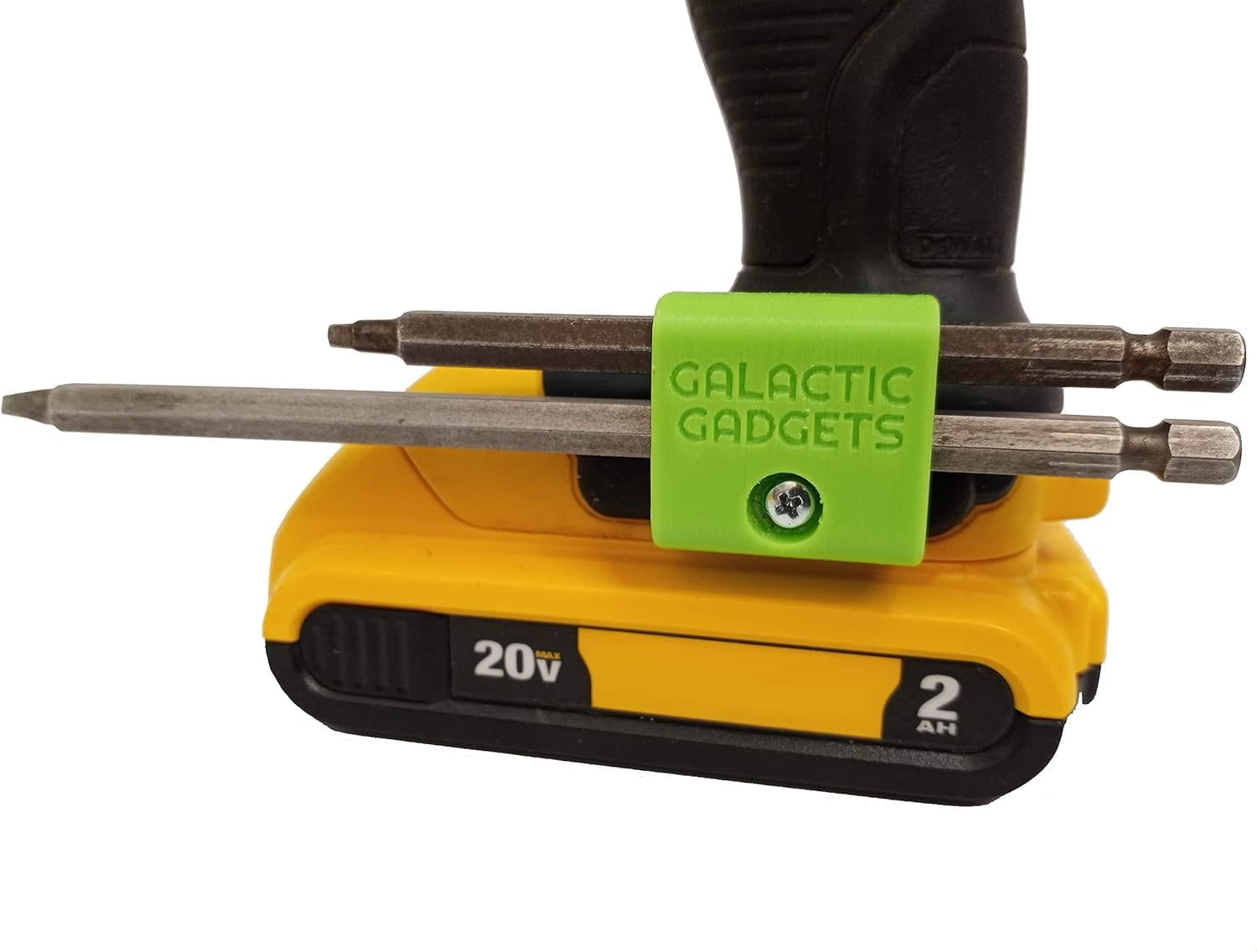 Side Mount MAGNETIC Bit Holder for Dewalt 20V or Craftsman V20 Drill or Driver - 2 Slot Pass Thru (Yellow) - Galactic Gadgets - Image 3