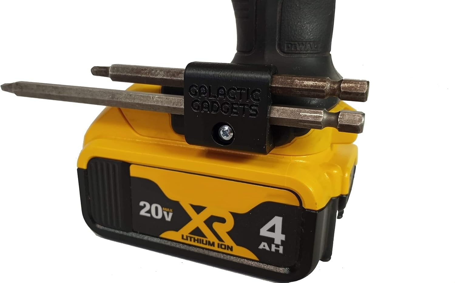Side Mount MAGNETIC Bit Holder for Dewalt 20V or Craftsman V20 Drill or Driver - 2 Slot Pass Thru (Yellow) - Galactic Gadgets - Image 6